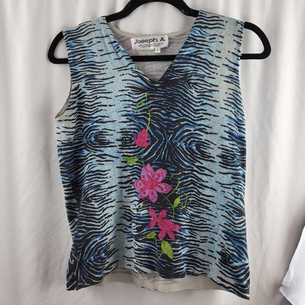 1990s/1980s blue/black with pink flowers and green vines zebra-striped tank